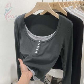 2-300斤大碼女裝胖mm假兩件上衣打底衫秋季新款設計感小眾長袖T恤 韓版長袖女裝 顯瘦上衣 秋冬肉肉女穿搭【PAPA】