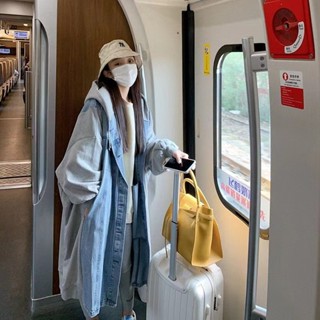 韓版ins鹽系炸街冬季加絨加厚牛仔外套 風衣夾克女生長版過膝長外套連帽丹寧外套學生學院風寬鬆顯瘦大碼女裝大尺碼羊羔毛秋冬