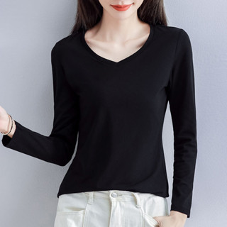 愛依依 上衣 長袖T卹 打底衫 簡約 S-2XL 新款雞心領長袖t卹薄款修身顯瘦純棉V領上衣-1173.