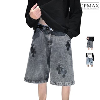 【CPMAX】男士韓版潮流十字刺繡牛仔五分褲 寬鬆中腰休閒短褲 夏季百搭款 黑藍兩色 L-2XL大尺碼【J111】
