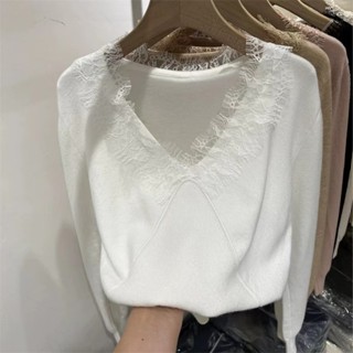 衣時尚 針織衫 毛線衣 打底衫 上衣 外套 新款蕾絲拼接V領淑女長袖針織衫女內搭打底衫毛衣居A26-188.