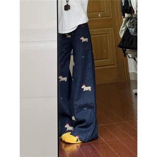 👖長腿精 小個美式復古小狗貼布刺繡 闊腿牛仔褲 女秋季新款寬鬆 直筒 拖地褲 微喇褲 闊腳褲 直筒褲 長褲