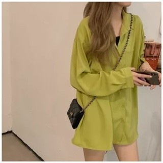 【HOT 本舖】 牛油果綠色襯衫女春夏季薄款外套慵懶風防曬襯衣寬鬆別致雪紡上衣