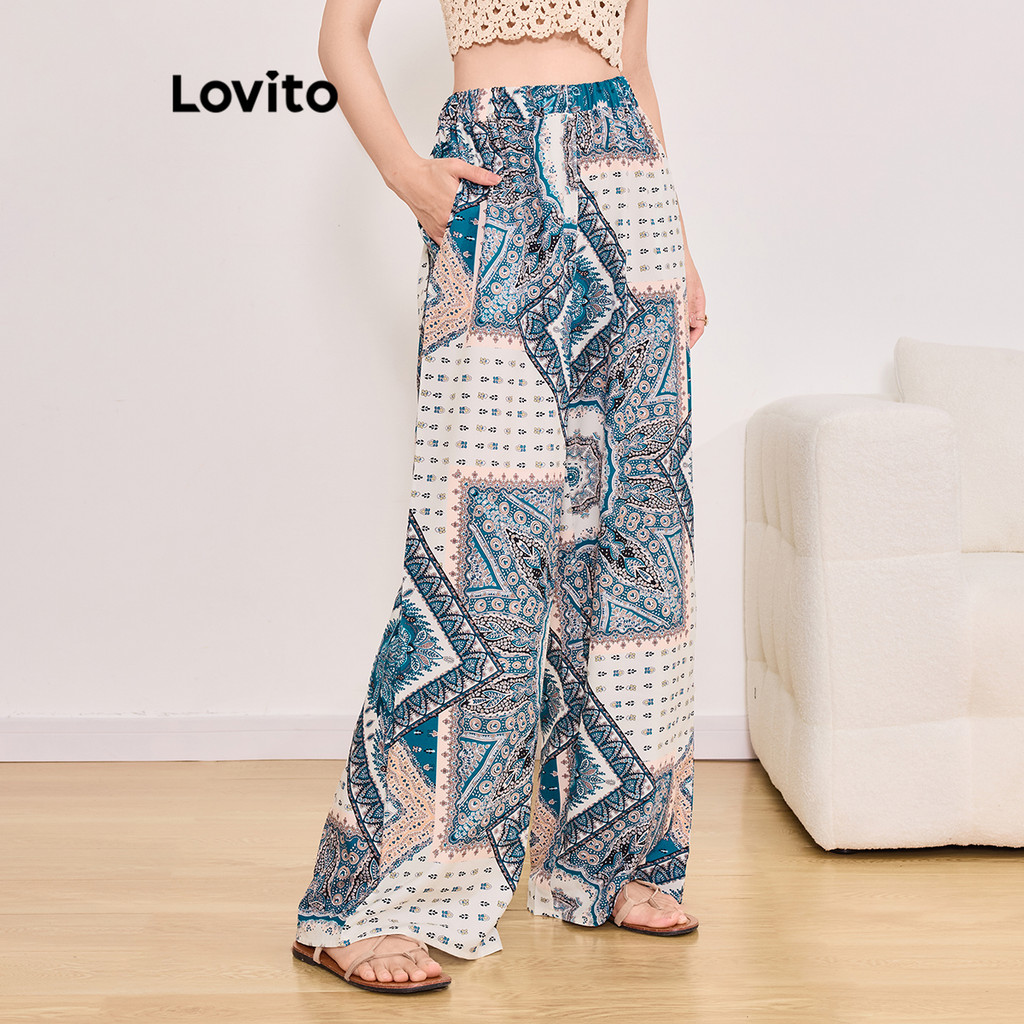 Lovito 波西米亞女式素色圖案口袋長褲 L99ED406