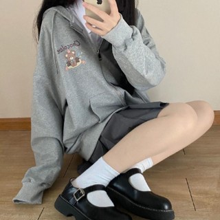 【可可李】大學t帽t灰色 衛衣女秋寬鬆 慵懶韓風連帽 開衫休閒外套女ins 潮薄款刷毛