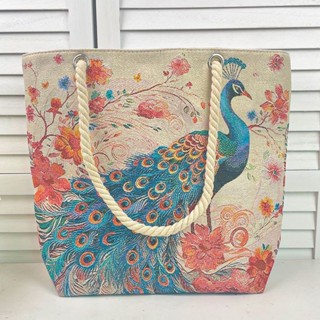 繡花帆布包 孔雀手提包民族風雙面金絲刺繡新款單肩包拉鍊 繡包托特包 水桶包手提包 斜挎單肩包 購物袋 環保購物袋
