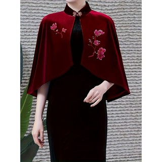 碎花領上衣優雅天鵝絨旗袍斗篷女裝