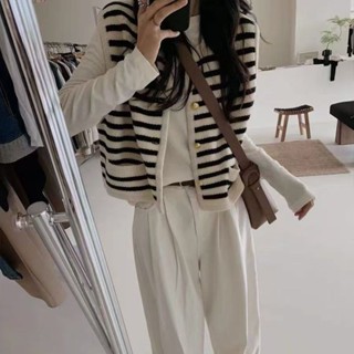 【HOT 本舖】 小香風黑白條紋無袖針織馬甲外套女春秋開衫外搭外穿毛衣馬夾背心