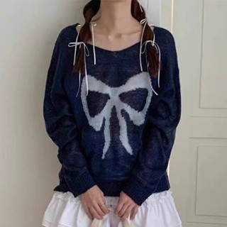 【HOT 本舖】 韓國chic秋季復古減齡圓領蝴蝶結印花寬鬆百搭薄款微透針織衫上衣