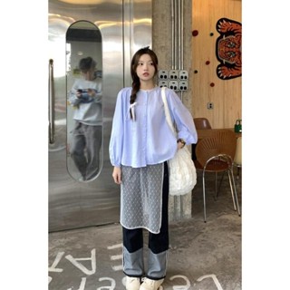 【HOT 本舖】 實拍~2024新款法式別致圓領珍珠扣單排扣條紋長袖女襯衫上衣