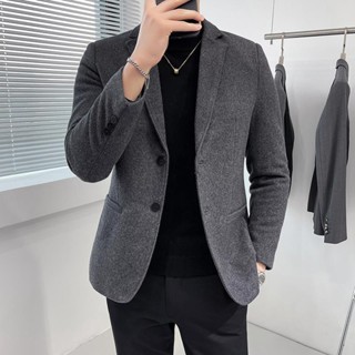 西裝外套suit jacket 潮牌毛呢西裝男外套短版韓版高檔緊身休閒西裝領羊毛呢大衣男24.7.25