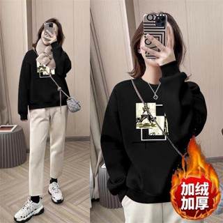 胖胖美依 M-3XL 大碼女裝 印花T卹 長袖T卹 加厚保暖 中大尺碼 新款加絨圓領寬鬆百搭套頭長袖外套1699.
