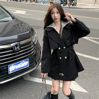 實拍大碼胖MM早秋高階感韓係短款風衣外套女假兩件連帽外套上衣