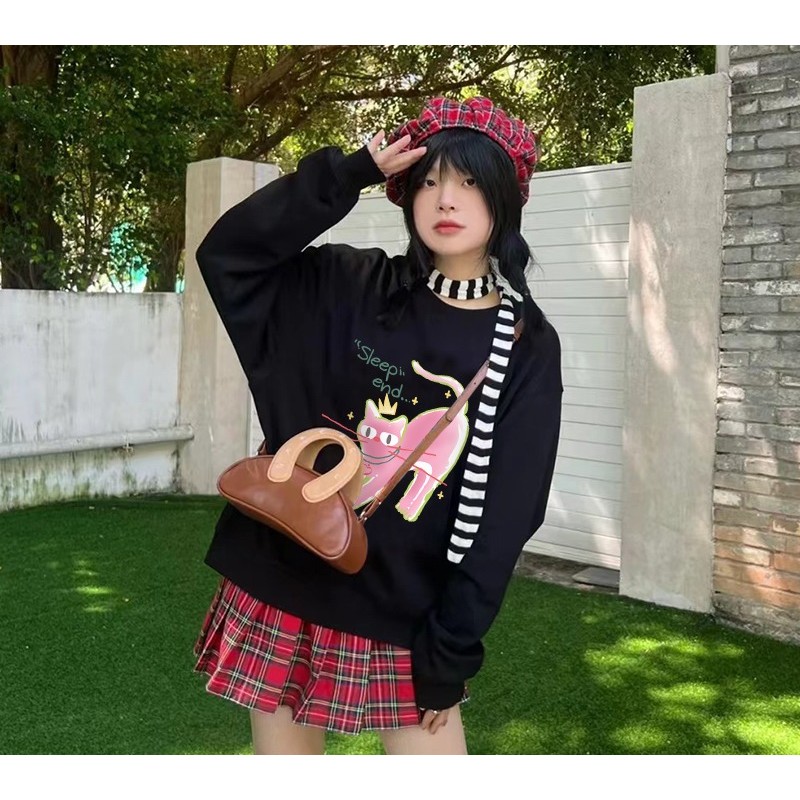 【 𝑭𝒍𝒐𝒘𝒆𝒓𝒔𝒆𝒂】別緻 小眾 設計感 貓咪印花 長袖衛衣 大學T 黑色 圓領衛衣 顯瘦 美式衛衣 刷毛大學T