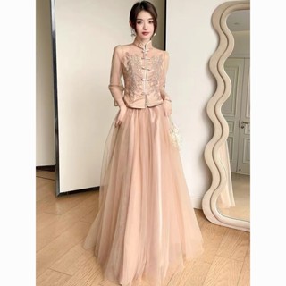 特價⚡[小編推薦][現貨][免運]中式伴娘服2023新款長袖僊氣婚禮姐妹團禮服裙女天長款顯瘦