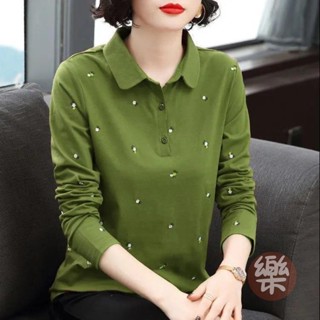 春秋新款時尚POLO衫氣質減齡長袖t恤女年輕媽媽裝翻領打底衫上衣 寬鬆上衣 女生秋季長袖t恤 顯瘦POLO衫【樂購】