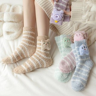[oklife]珊瑚絨襪子 女秋冬加厚毛絨睡眠襪 中筒襪 可愛卡通立體保暖中筒襪女
