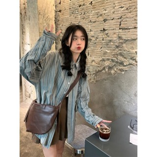 秋季新款條紋襯衫迭穿外套女復古小眾寬鬆百搭顯瘦學院風長袖襯衫 防曬 襯衫女 襯衫 女生衣著 襯衫外套 上衣 寬鬆 休閒襯