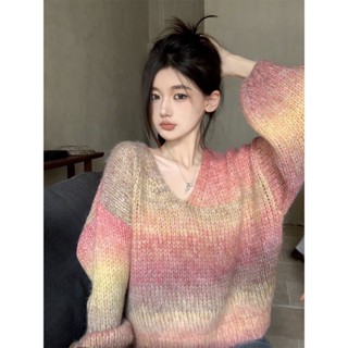 L-4XL 韓版甜美慵懶風漸變色V領毛衣 大尺碼上衣 修身顯瘦長袖針織上衣 寬鬆顯瘦上衣 毛衣 秋天上衣