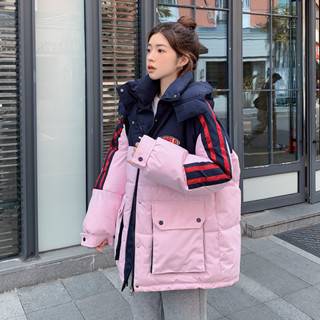 【HOT 本舖】 S-2XL 冬季新款撞色時尚羽絨棉服女寬鬆加厚保暖棉衣外套