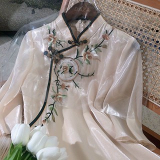 新品 熱賣 直髮2409 古法倒大袖改良版旗袍民國風大小姐刺繡2024夏季年輕款顯高洋裝