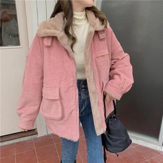（高質量）冬季大碼燈芯絨棉襖外套女潮ins加絨加厚羊羔毛保暖工裝棉衣服冬天外套 保暖外套 防風外套 韓版外套