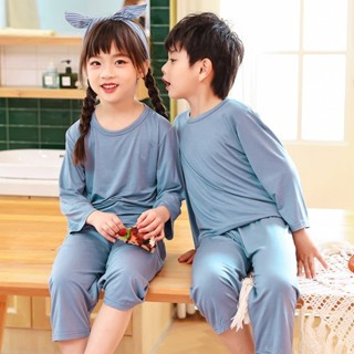 免運 90-160CM 莫代爾兒童睡衣 寶寶高腰護肚家居服套裝 空調服 嬰幼兒夏季薄款睡衣 九分袖九分褲兩件套 萬事屋