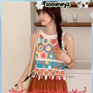 SNOWWY2女式露地上衣,波西米亞風格無袖針織背心,可愛短O型頸鉤編流蘇海灘頂部