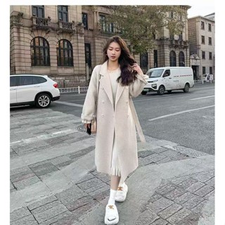 韓版氣質寬鬆雙排扣過膝大衣 風衣 上衣 女裝 外套 長袖上衣 長版外套 毛衣藍色雙面絨呢子大衣女【多色可選】