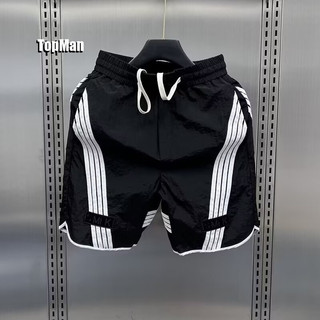 TopMan 男生短褲 海灘褲 四槓拼接條紋前後五分褲男 休閒短褲 沙灘褲
