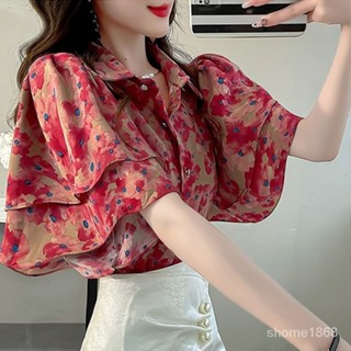 全面降價💋甜美印花襯衣2024年新款女夏季短袖襯衫女高級感短袖荷葉邊上衣女 GELP