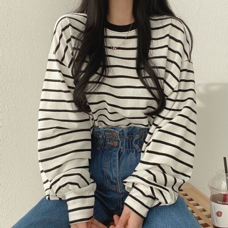S-3XL 大尺碼上衣 條紋長袖t恤女2024年新款潮大碼春秋季韓版寬松ins設計感小眾女裝