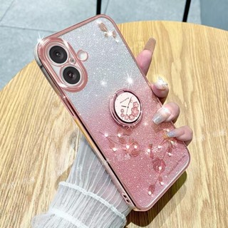 漸變閃粉永生花 指環支架手機殼 適用於 iPhone 16E 16 15 14 13 12 11 Pro max 保護殼