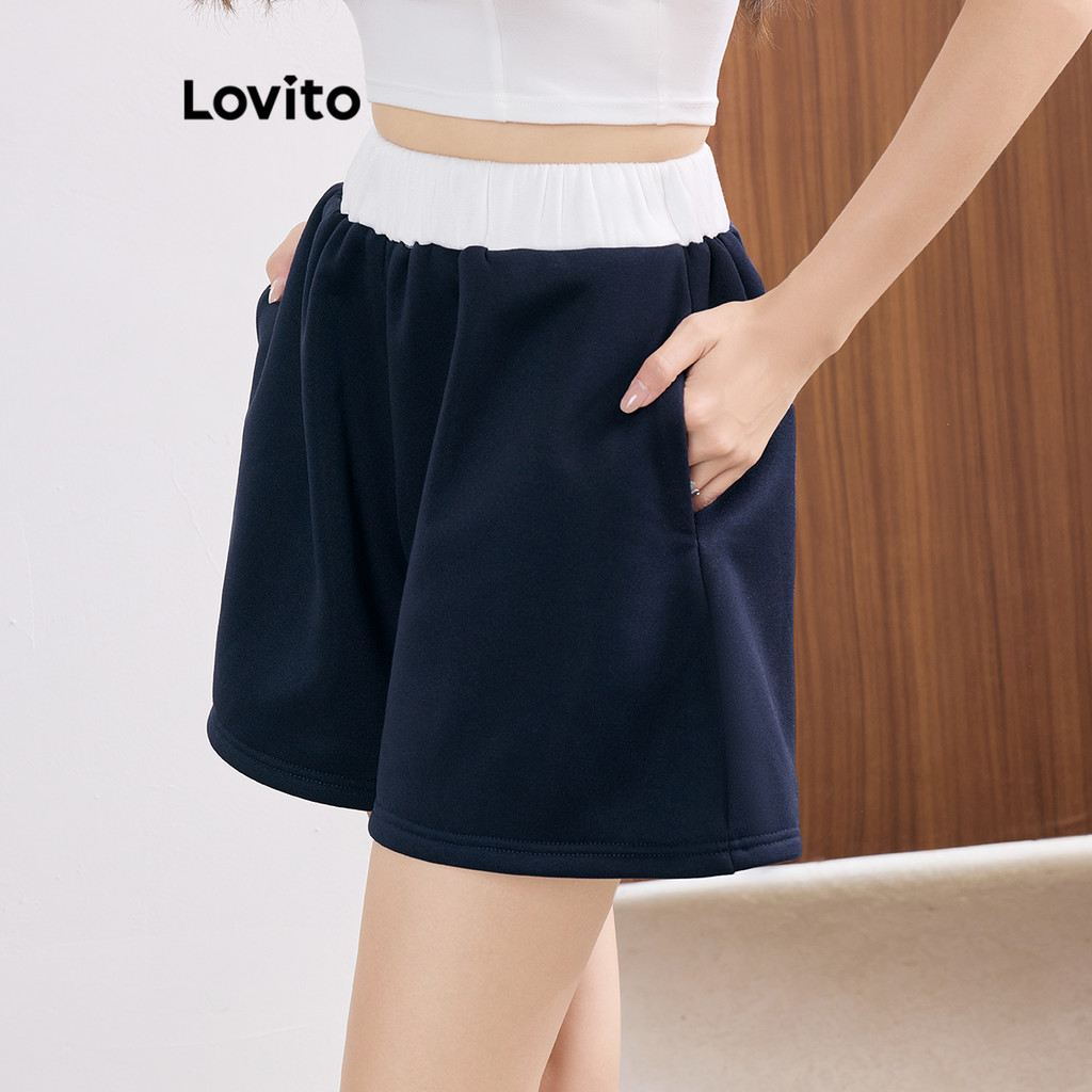 Lovito 女休閒素色口袋拼色短褲 L105MD302