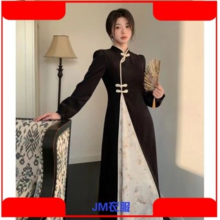 JM⭐ 新中式洋裝改良旗袍春秋連身裙國風洋裝復古長裙裙子女裝大尺碼洋裝胖mm長袖洋裝高腰連衣裙黑色洋裝