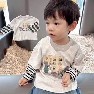 洋氣假兩件~男童長袖T恤2024秋季中兒童寶寶寬鬆舒適上衣打底衫
