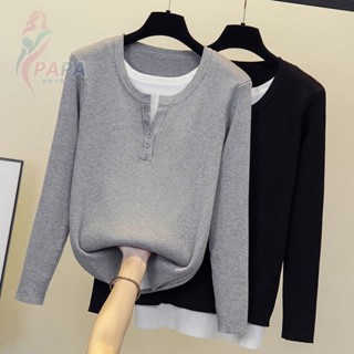 大碼女裝300斤打底衫女春秋冬內搭洋氣假兩件長袖上衣寬鬆百搭200長袖寬鬆上衣 女生韓版顯瘦 大尺碼秋冬上衣【papa】