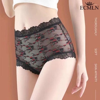 Ecmln 女士超薄高腰收腹三角褲奢華蕾絲邊性感透氣棉襠提臀三角褲內衣內褲