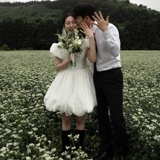 法式輕婚紗緞面短款絨球裙訂婚證書晚禮服宴會氣質fc182