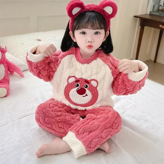 ♠兒童睡衣♠ 現貨 睡衣 兒童女孩卡通小熊頭 睡衣 珊瑚絨保暖女寶寶法蘭絨冬家居服套裝