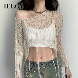 IELGY 百搭韓版大破洞鏤空寬鬆辣妹懶人針織上衣女