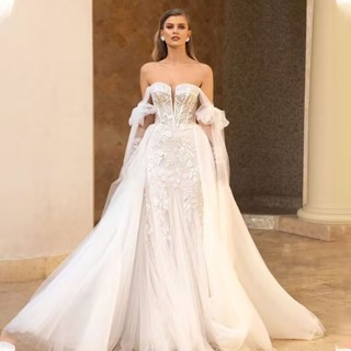 婚紗禮服新款一字領婚紗大裙襬拆卸蕾絲拖尾婚紗