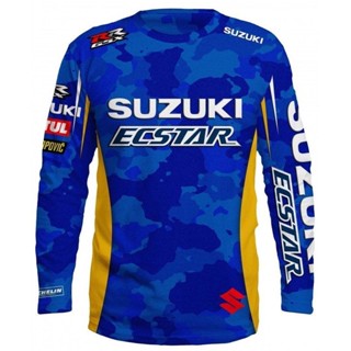 SUZUKI 新款鈴木賽車摩托車騎行服,男士運動速乾長袖上衣襯衫。