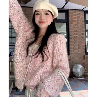 【HOT 本舖】 高階感粉色加厚毛衣開衫外套女冬季新款v領針織寬鬆短款上衣