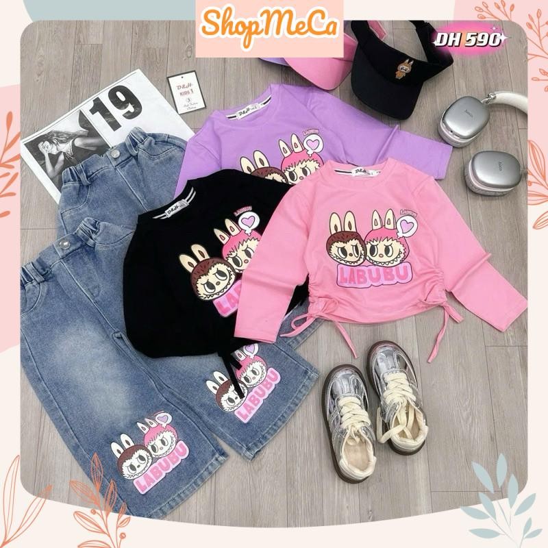 女嬰套裝 DH590、Labubu 長袖襯衫和牛仔褲套裝,帶嬰兒開頂帽