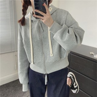 HOSS🔥灰色連帽外套女 短版外套 寬鬆 百搭 開衫外套 衛衣女 拉鏈上衣 長袖上衣 潮流ins女生外套 衣服 韓版女裝