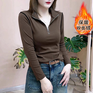 胖胖美依 M-4XL 大碼女裝 中大尺碼 長袖T卹 打底衫 保暖 新款拼接插色雙面德絨拉鍊立領上衣-1951.