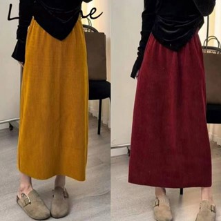 S-2XL 半身裙 雪尼爾開叉半身裙 秋冬加厚長裙 高腰鬆緊腰燈芯絨A字裙 一步裙 長裙 秋冬洋裝 1BYH