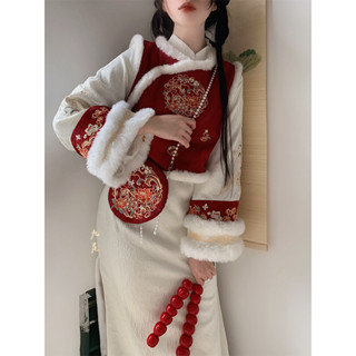 【❤️少量臺灣現貨】新中式女裝長袖旗袍 冬季馬甲加絨加厚 國潮小香風復古風紅色馬甲旗袍套裝女 白色改良白色旗袍