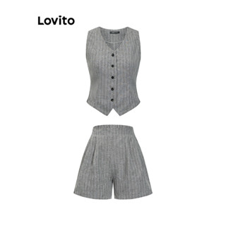 Lovito 女士休閒短褲套裝 條紋扣環前上衣或下裝 L105MD138
